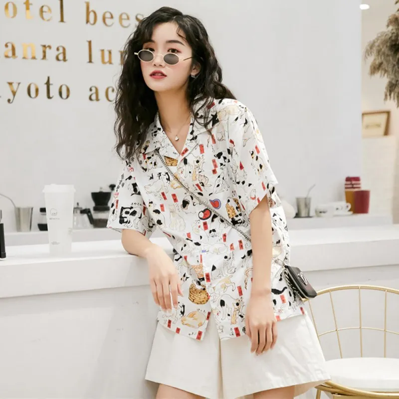 

Женская винтажная рубашка с принтом кота из мультфильма, Летние повседневные топы, однобортная блуза с отворотом и коротким рукавом, blusas mujer...