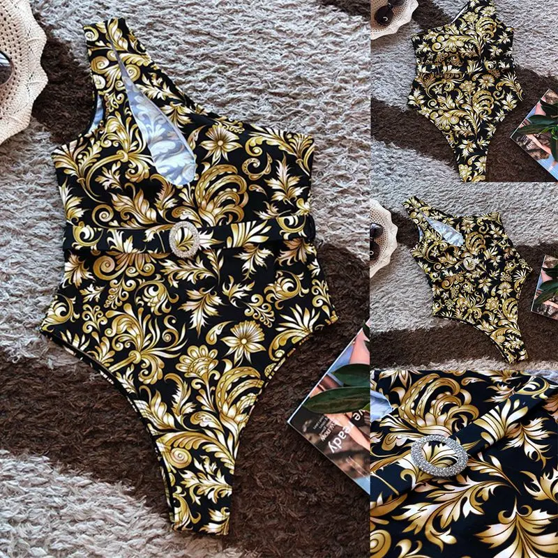

Women's One Piece Swimsuit Floral Print One Shoulder Cutout Bathing Suit