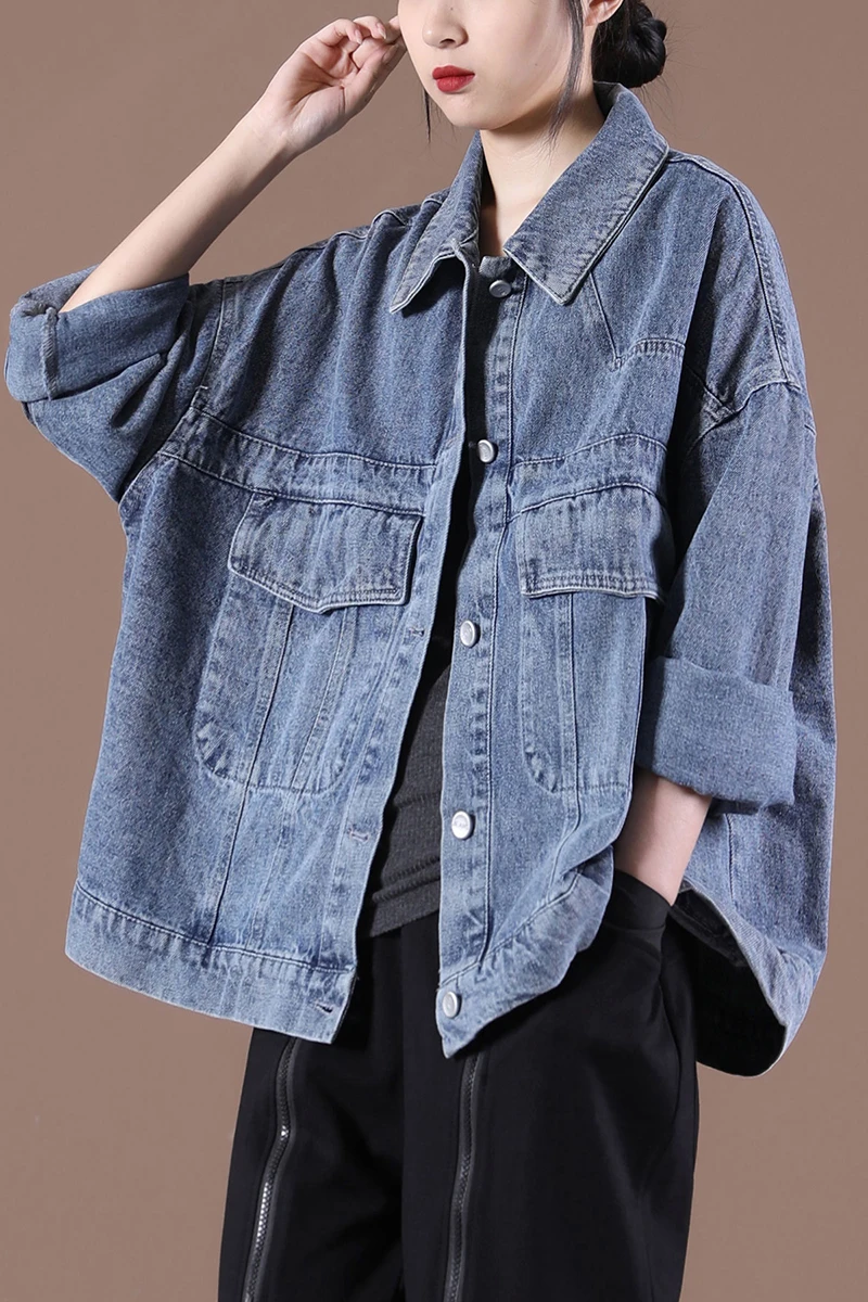 

IEQJ 2021 New Summer And Spring Fashion Women Clothes Turn-down Collar Full Sleeves Single Breasted Denim Blue Jacket WR356
