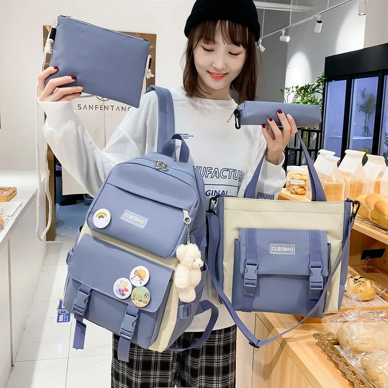 

2021 4Pcs/set Canvas School Backpacks Women Lovely School Bags For Teenage Girls Bookbags Students Travel Bags Backpack Female