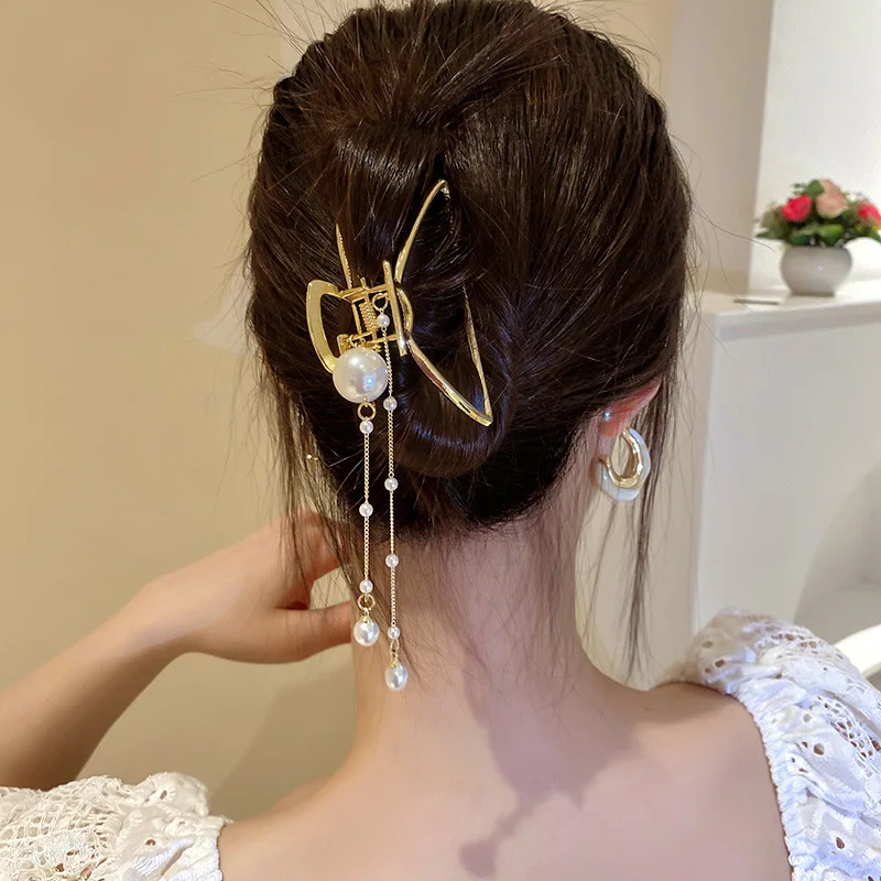 

Women Elegant Gold Hollow Geometric Metal Hair Claw Vintage Pearls Tassel Hair Clips Headband Hairpin Fashion Hair Accessories
