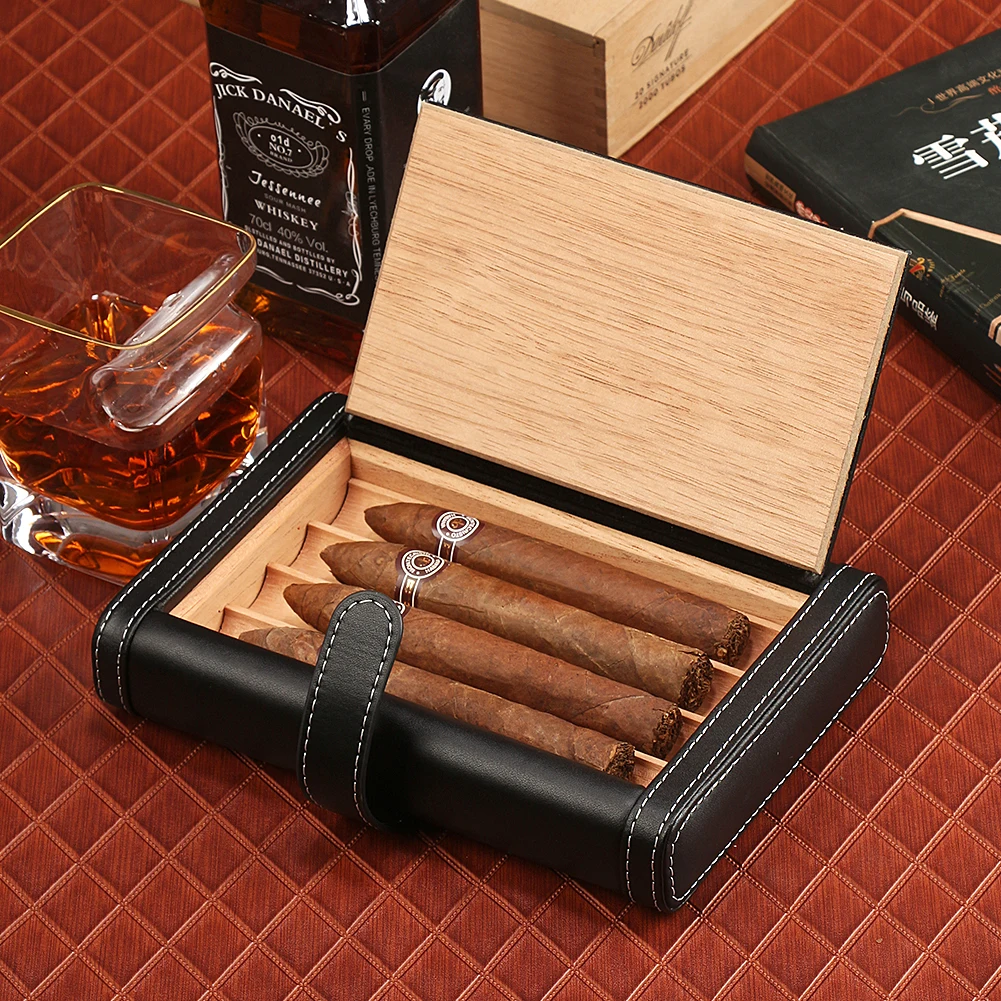 

Galiner Black Cigar Case Leather Travel Humidor Box Outdoor Cedar Wood Box Fit 4 Cigar Holder Tray Bag Accessories