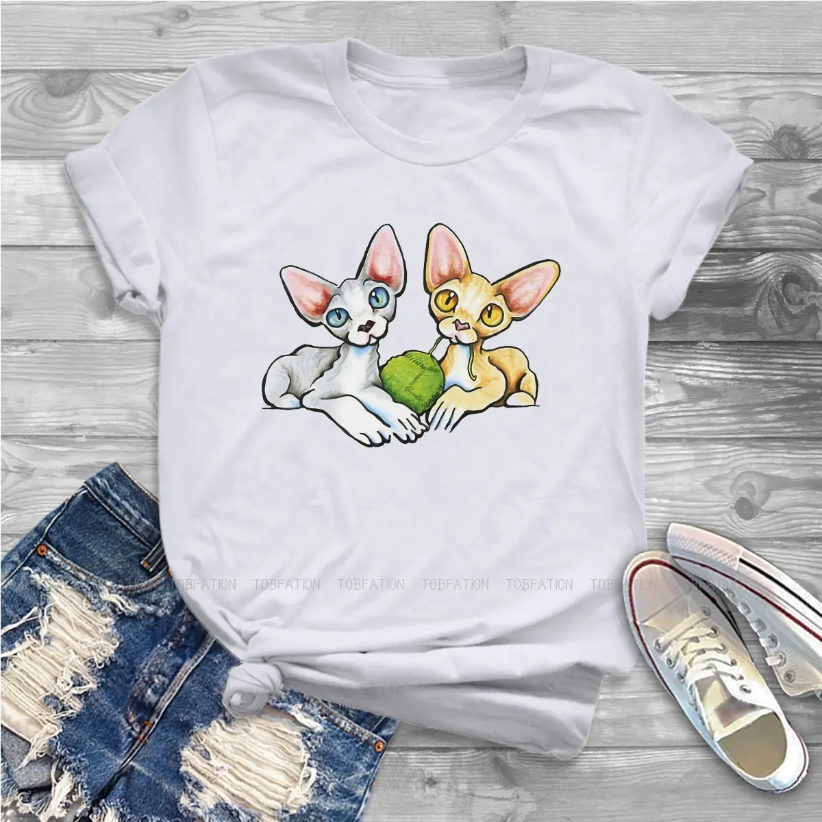 Double Devons Women's T Shirt Canadian Hairless Cat Sphynx Ladies Tees Kawaii O-neck Tops Graphic Tshirt Loose 4XL Fashion | Женская