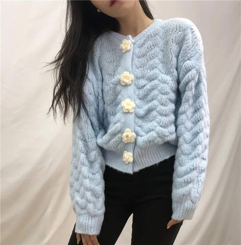 

2021 Autumn Elegant Puff Sleeve Flower Button Cardigan for Women Harajuku Loose Knitted Sweater Outwear Warm Winter Sweet Jumper
