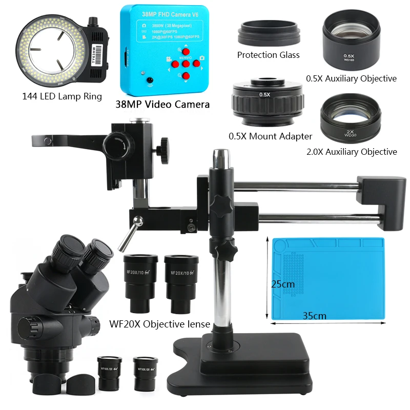 Microscopio estéreo con cámara industrial, lente focal trinocular, zoom de 3.5X a 90X, cámara de 38 MP, 2K, conexión HDMI y USB, soporte de doble brazo, para reparación de PCB de teléfono