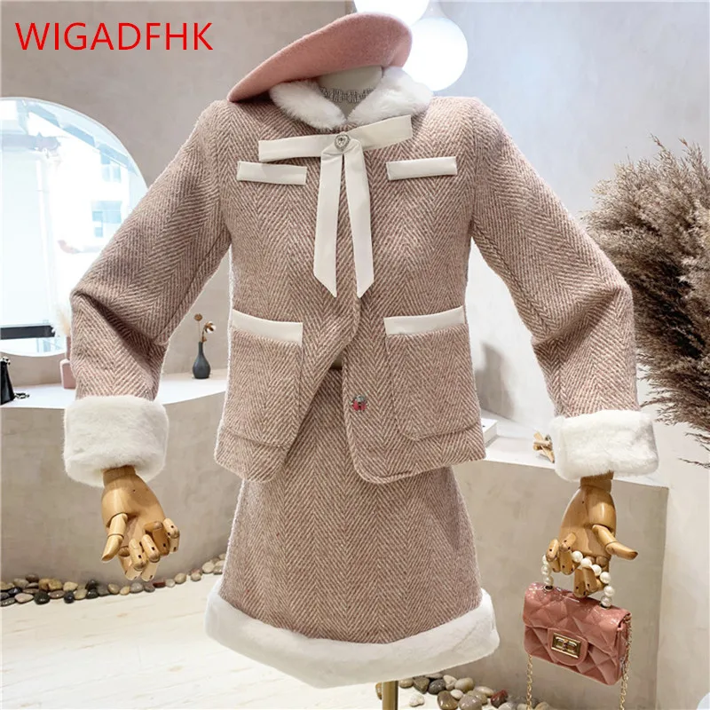 

Korean Style Western Style Suit Retro Quilted Thick Woolen Short Coat + High Waist A-line Package Hip Skirt Two-piece Female