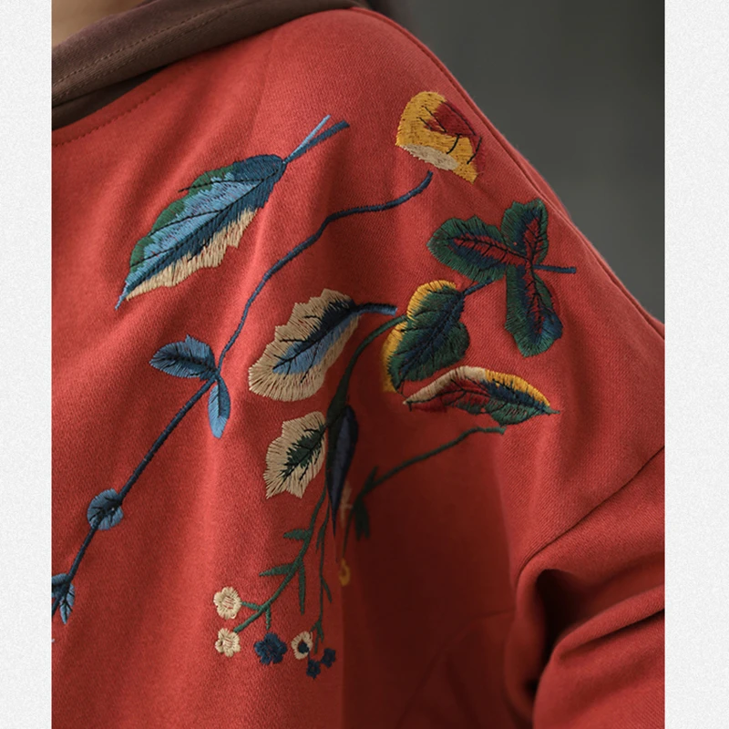 

NINI WONDERLAND Women Cotton Hooded Sweatshirts 2020 Autumn Retro Embroidery Long Sleeve Casual Sweatshirt Loose Pullover Tops