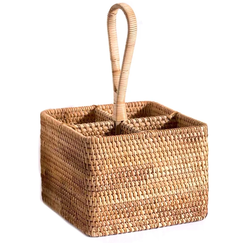 

Wicker Straw Storage Basket Portable Four Compartment combination Storage Fruit Basket sundries organizer