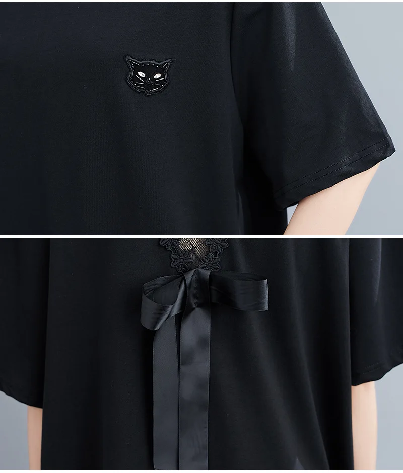

Plus Size Summer cotton dress women bust 150cm 6XL 7XL 8XL 9XL lace stitching bow dress women black color 48 49 50