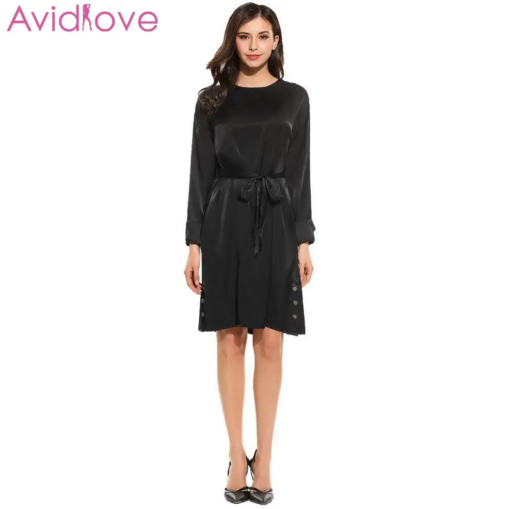 Новое Женское Повседневное платье с круглым вырезом и длинным рукавом