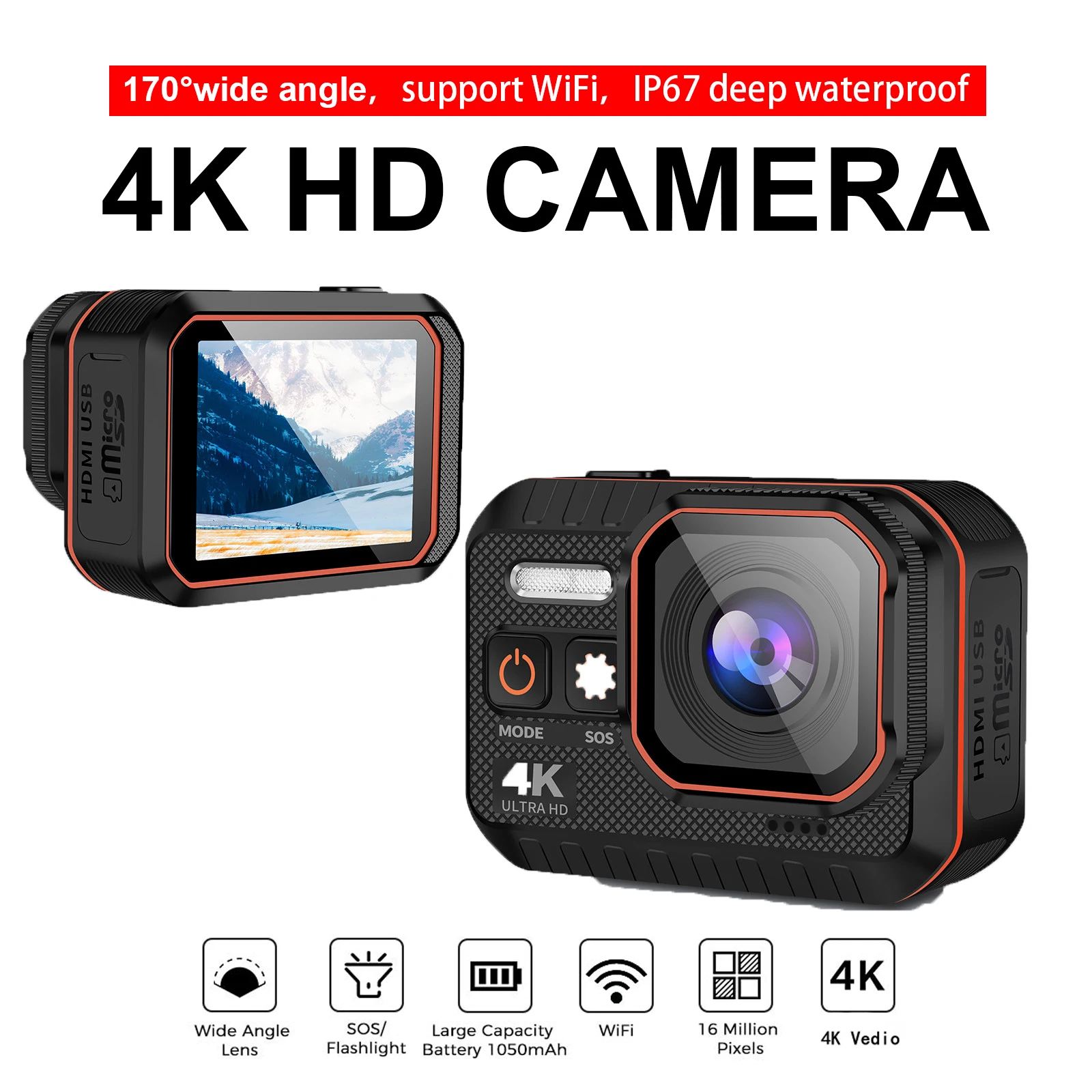 Экшн-камера 4K HD с пультом дистанционного управления водонепроницаемая