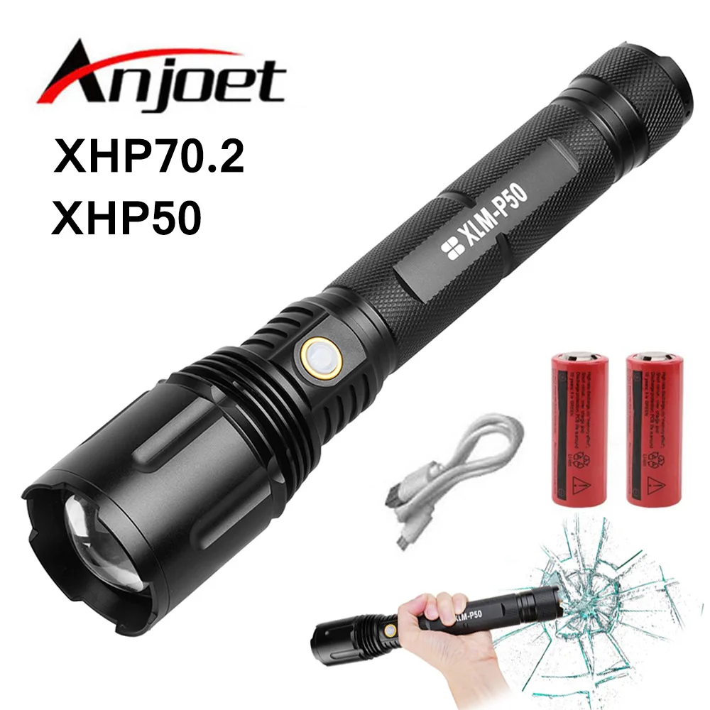 

Anjoet 5 Modes LED Flashlight P70 Aluminum alloy Zoomable Torch Tactical Defense Lantern For Camping Hiking Light 26650