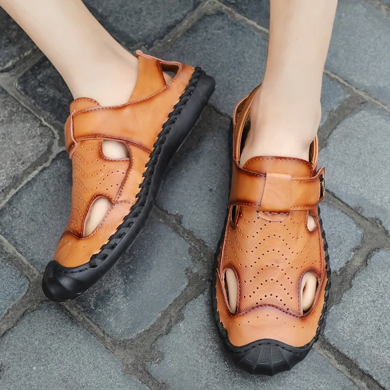 

Summer Hollow Out Breathable Mens Casual Shoes Genuine Leather Men Sandals Quality Big Size Soft Comfort Fashion Velcro Sandals