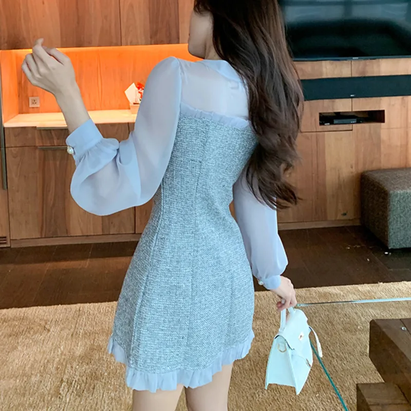 

Women Ribbon Bow Single-breasted Long Sleeve Party Dress New Spring Vintage Sexy See-through Chiffon Patchwork Tweed Mini Dress