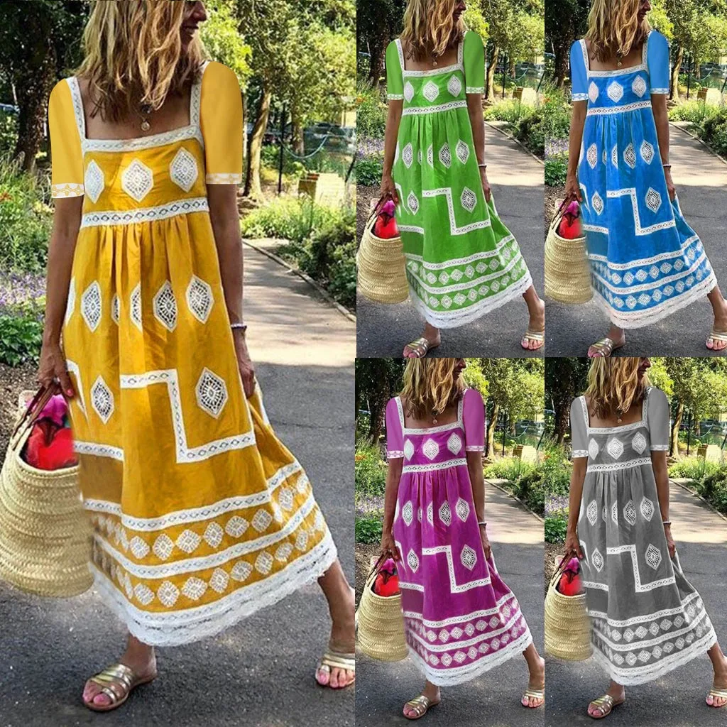 

Dresses For Women Party Women Summer Casual Boho Print U-neck Short Sleeve Big Swing Maxi Dress *