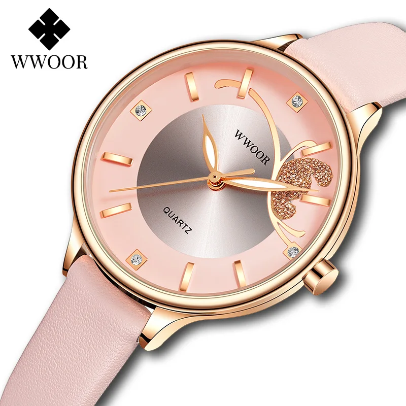 

WWOOR 2021 New Women's Watches Top Brand Luxury Rhinestone Ladies Dress Sport Watch Female Leather Pink Wrist Watch Montre Femme