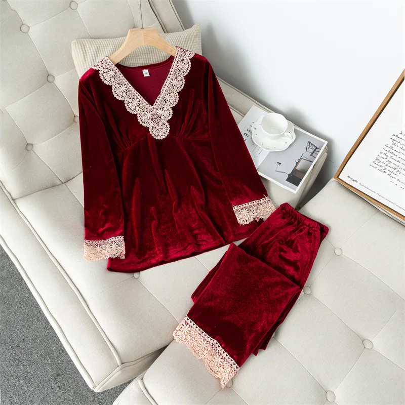 

Women Sleepwear Casual Velour Pajamas Set Lounge Wear Autumn New Nightwear Pyjamas Soft Intimate Lingerie 2 Pieces Shirt&Pants