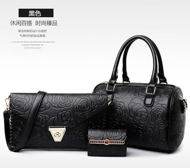 Black Горячая Распродажа, 3 штуки, женские сумки, наборы, кошельки и сумочки, кожа, цветы, тиснение, модные сумки через плечо - Цвет: Black
