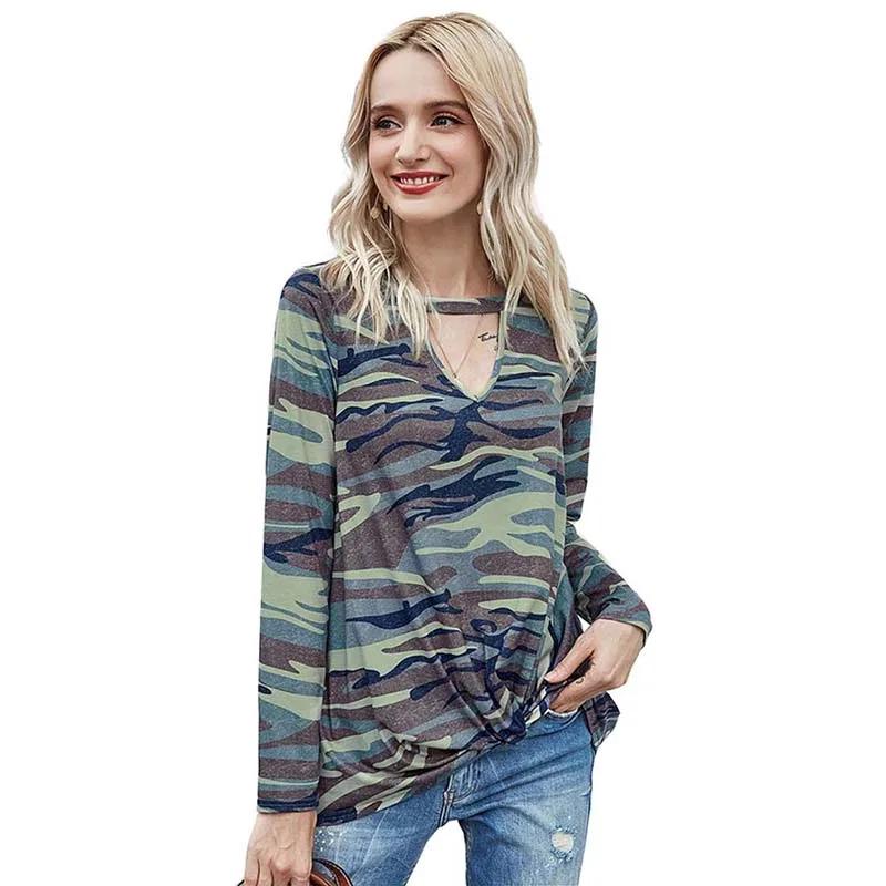 

Summer New Women Camouflage Print Long Sleeve T Shirt Loose V-neck Streetwear Plus Size Ladies Tops Casual Tee Shirt Femme
