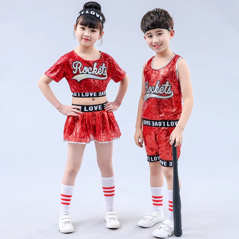 Танцевальный костюм для девочек красный танцевальный в стиле хип хоп с блестками