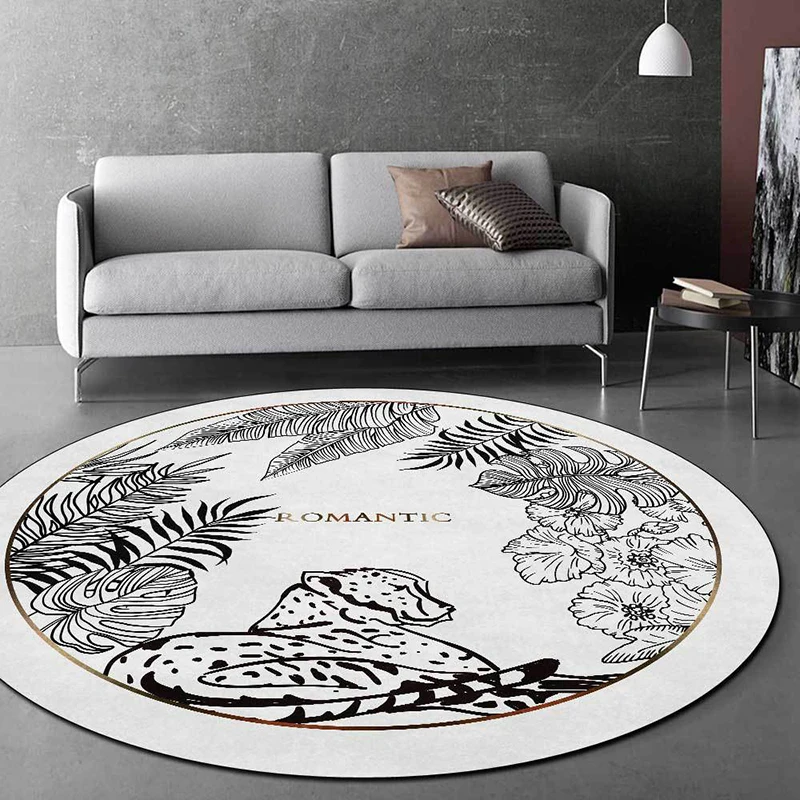 

Customized Modern Round Area Carpet Black and White Lines Floral Bird Leopard Home Living Room Decoration Non-slip Floor Mat
