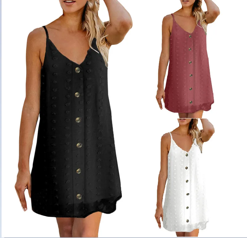 

mini dress sweet sexy fashion women summer club casual loose solid camisole button v neck sleeveless single breasted vestidos