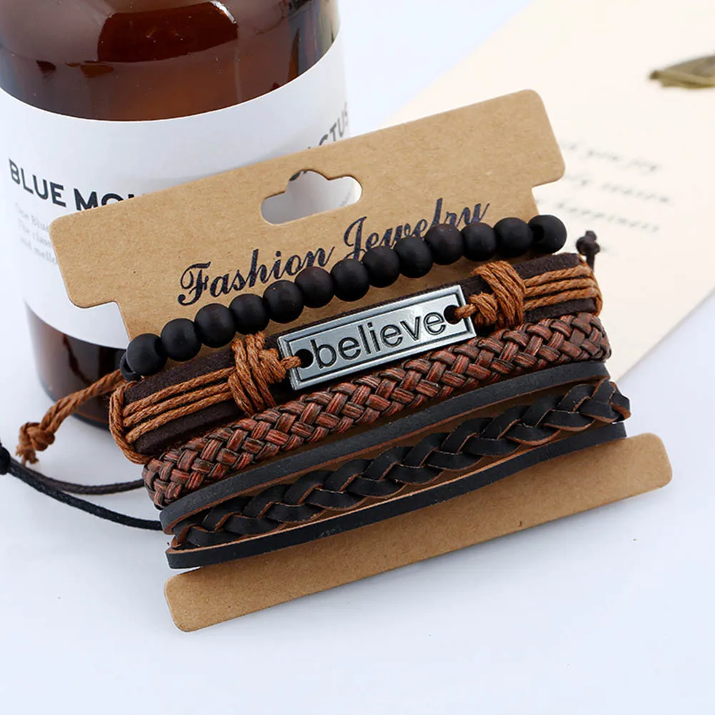 

4pcs/set Male Bracelets Black Wooden Ball Beads Strand Bracelets "Believe" Handmade Rope Braided Charm Bracelet Men Jewelry