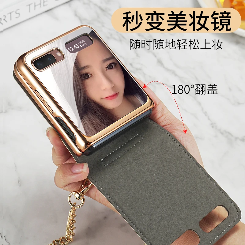 luxury leather flip make up mirror phone case for samsung galaxy z flip f7070 f7000 shockproof back cover with lanyard gift free global shipping