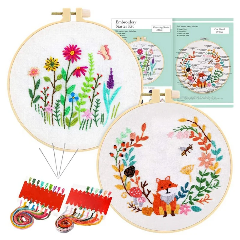 

2 Sets Full Range Of Embroidery Starter Kit With Floral Animal Pattern, Color Threads And Tools
