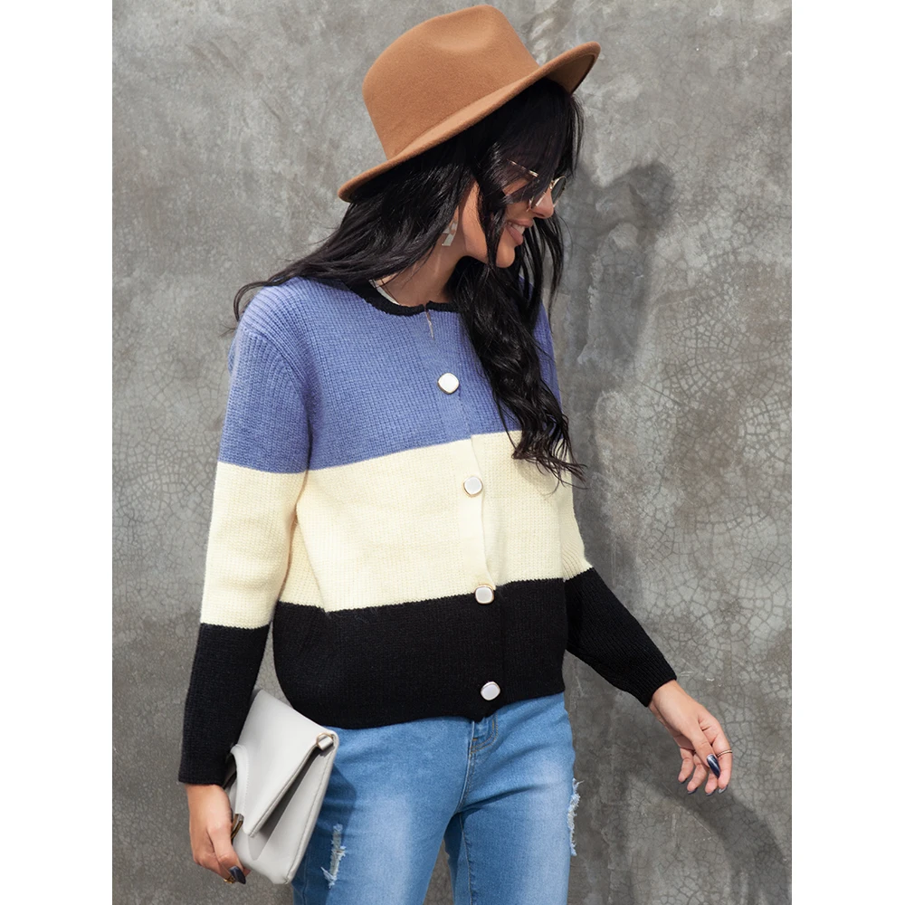 

New Arrival Women's Color Blocking Knitted Cardigan Long Sleeve Single Breasted Sweater Coat for Spring Autumn and Winter