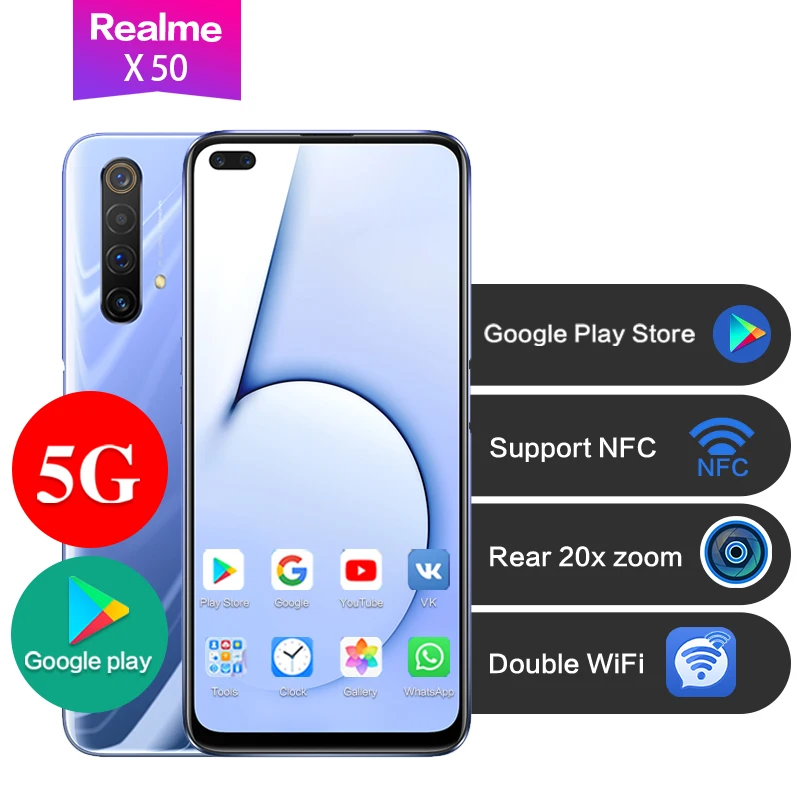 Realme X50 5G версия Android 10 0 12G 256G Поддержка Google Play NFC 6 57 &quotSnapdragon 765G 20x zoom SuperVOOC 4200mAh