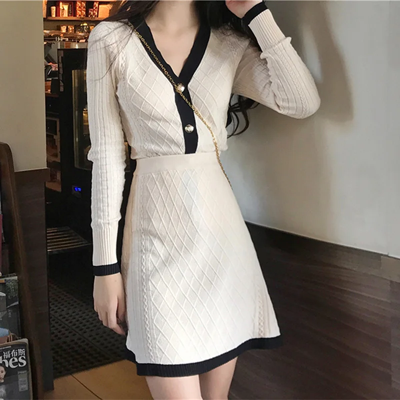 

Свитер, комплект из двух предметов, кардиган, юбка и топ, вязаная зимняя одежда, женская осенняя одежда Kurtki Damskie, розовый наряд, Abrigos Mujer Elegante