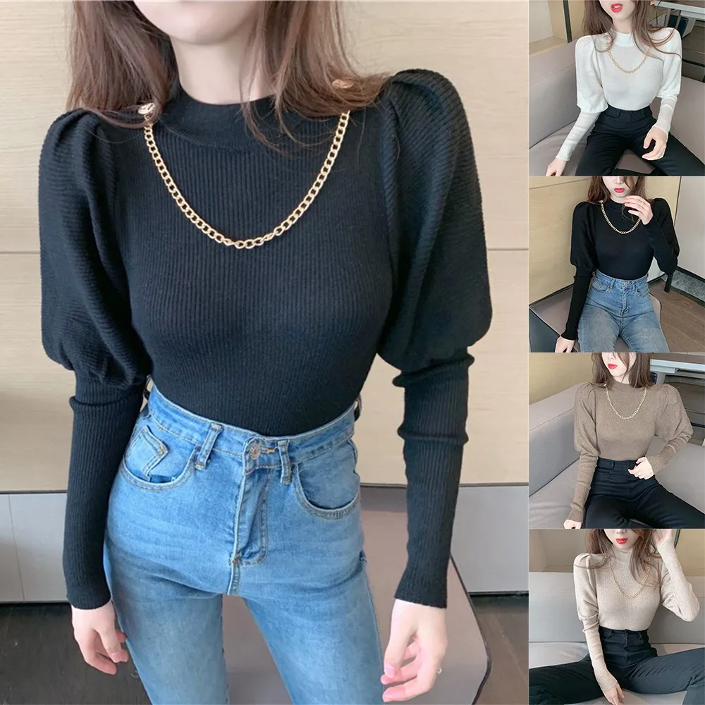 

Oversized Women Casual O-Neck Knit Sweater Lantern Sleeve Slim Fit Pullover Stretch Ribbed Cardigan Top Multicolor