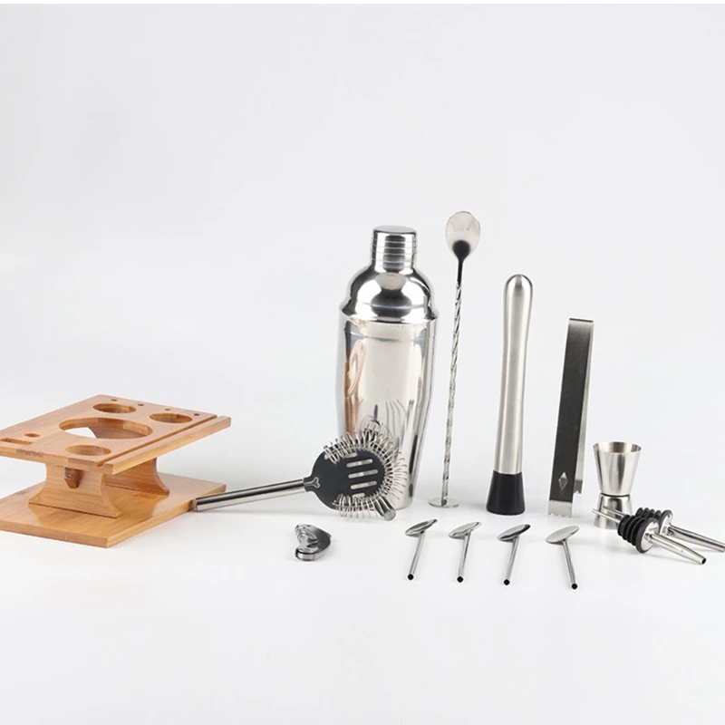 

14 Pcs Cocktail Shaker Set Stainless Steel Cocktail Making Bar Tool Bartender Kit with Wooden Display Bar Shaker Set T21D