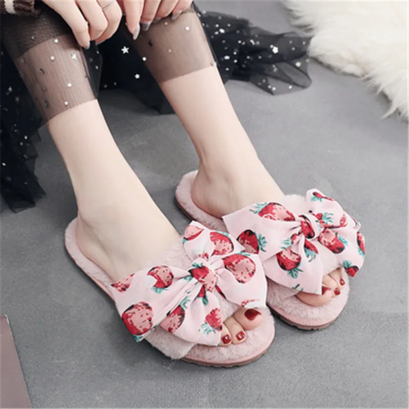 

Women indoor warm fluffy slippers Fruits bowknot autumn Winter Warm Fur Shoes Cute Soft Sole Home Ladies Girls Plush Slides