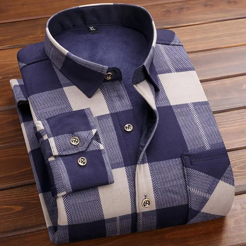С добавлением шерсти мужская клетчатая рубашка на пуговицах нагрудный карман