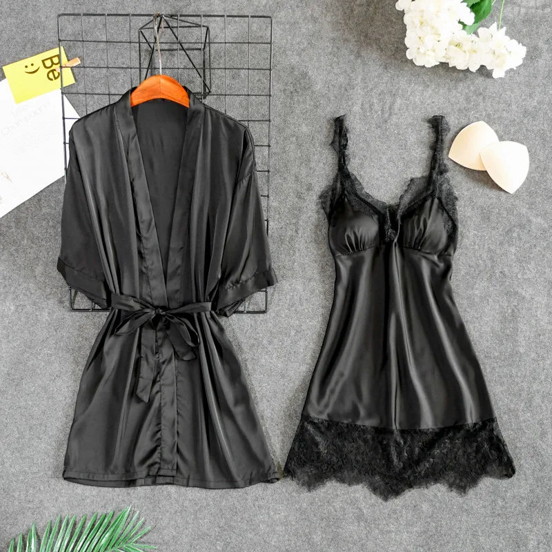 Fiklyc underwear women's sexy padded chest robe& gown sets lace& satin patchwork V-neck mini nightdress+ robes pijamas NEW