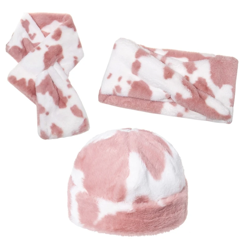 

3Pcs Winter Milk Cow Print Fluffy Plush Warm Beanie Skull Hat with Scarf Set