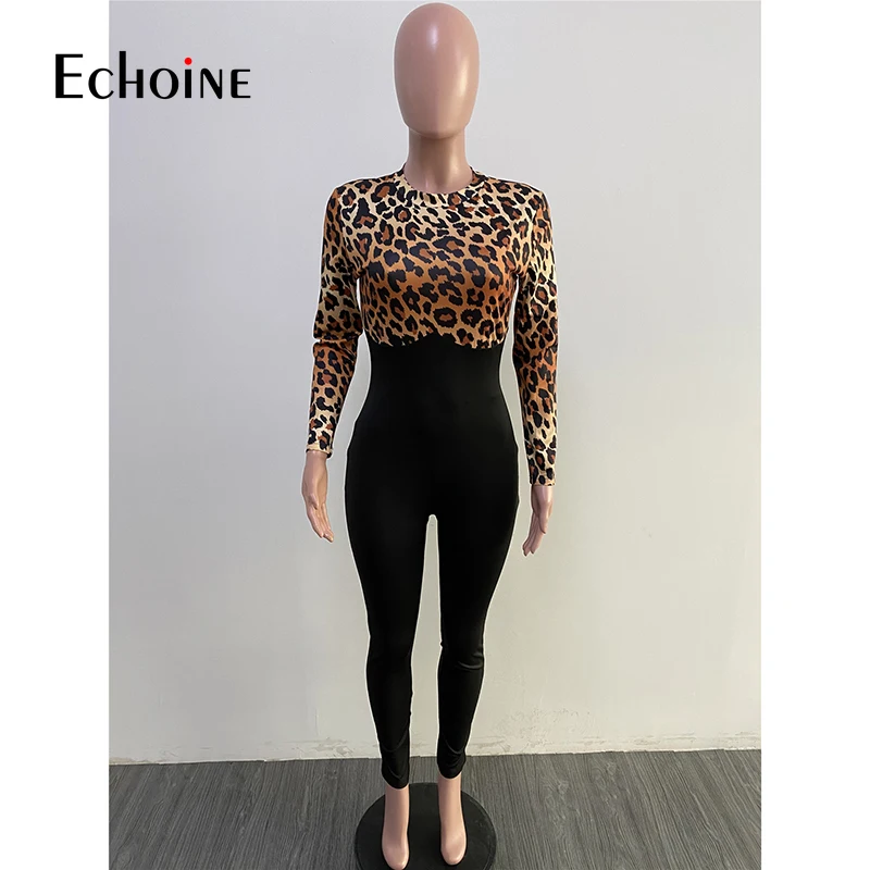 

Echoine Womens Fashion Leopard Printed Skinny Nightclub Rompers Autumn Long Sleeves Patchwork Ladys Sexy Party Jumpsuits overall