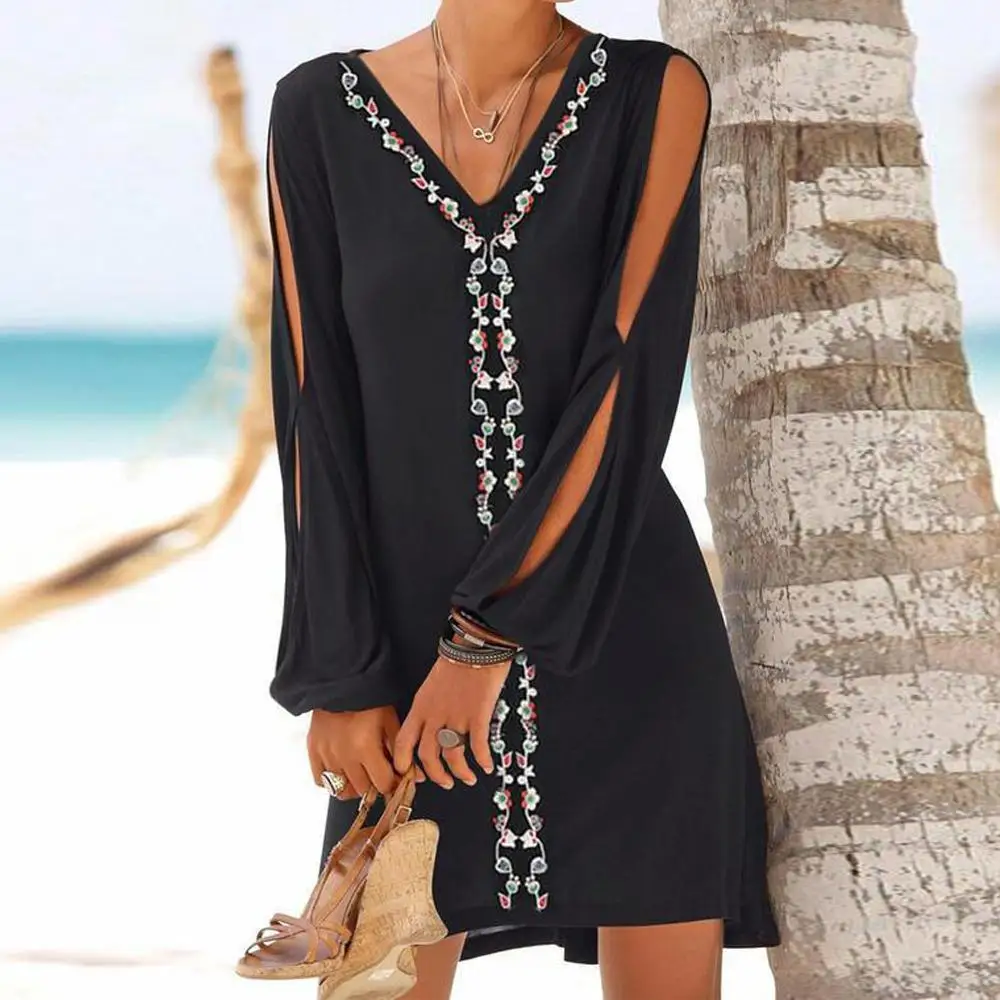 

Летнее женское платье Lugentolo, с длинными рукавами и V-образным вырезом, сексуальное пляжное ТРАПЕЦИЕВИДНОЕ короткое платье для женщин