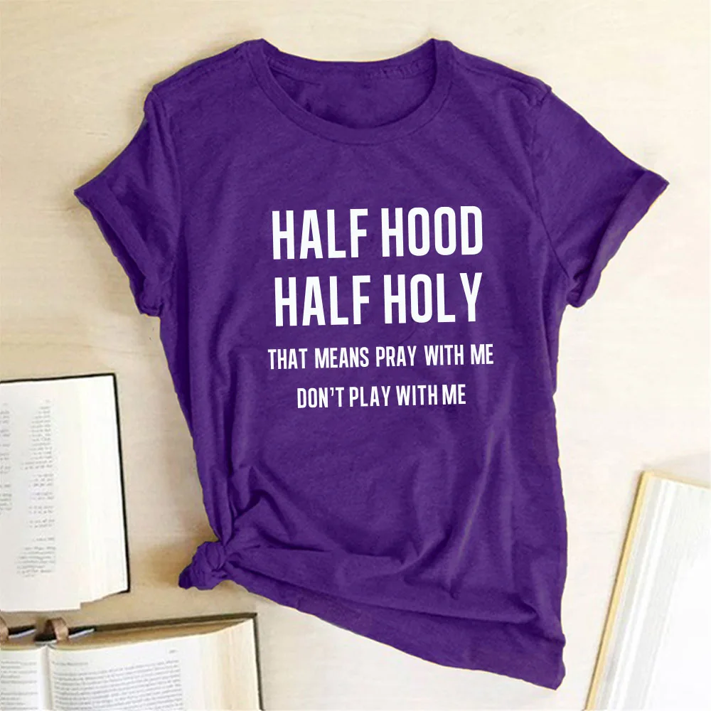

Half Hood Half Holy Letter Print Women T-shirts Harajuku Short Sleeve Femme T-shirt for Ladies Clothes Casual Loose Tops goth