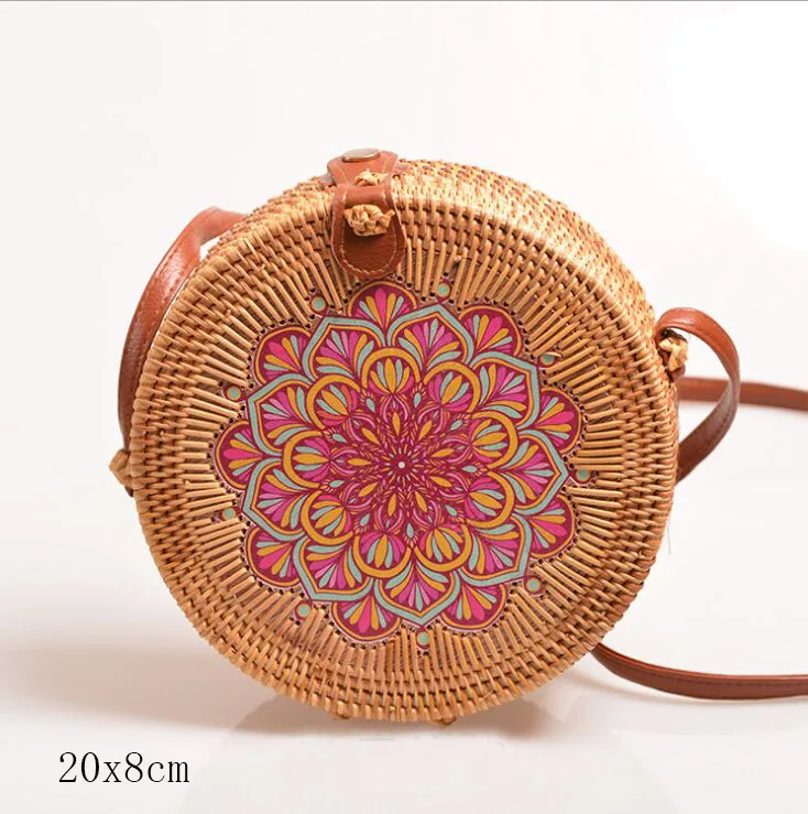 flower E 20X8cm Солнечный пляж, ручные тканые сумки, круглая сумка с пряжкой, Ротанговые соломенные сумки, ранец, богемная пляжная круглая сумка - Цвет: flower E 20X8cm