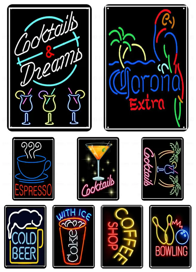 Флуоресцентный жестяной знак для бара клуба паба разноцветный коктейль пиво