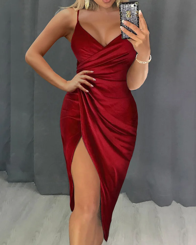 

2021 Women's Fashion Elegant Party Solid Sleeveless Cocktail Red Dress Sexy Ruched High Slit Wrap Midi Dresses Spaghetti Strap