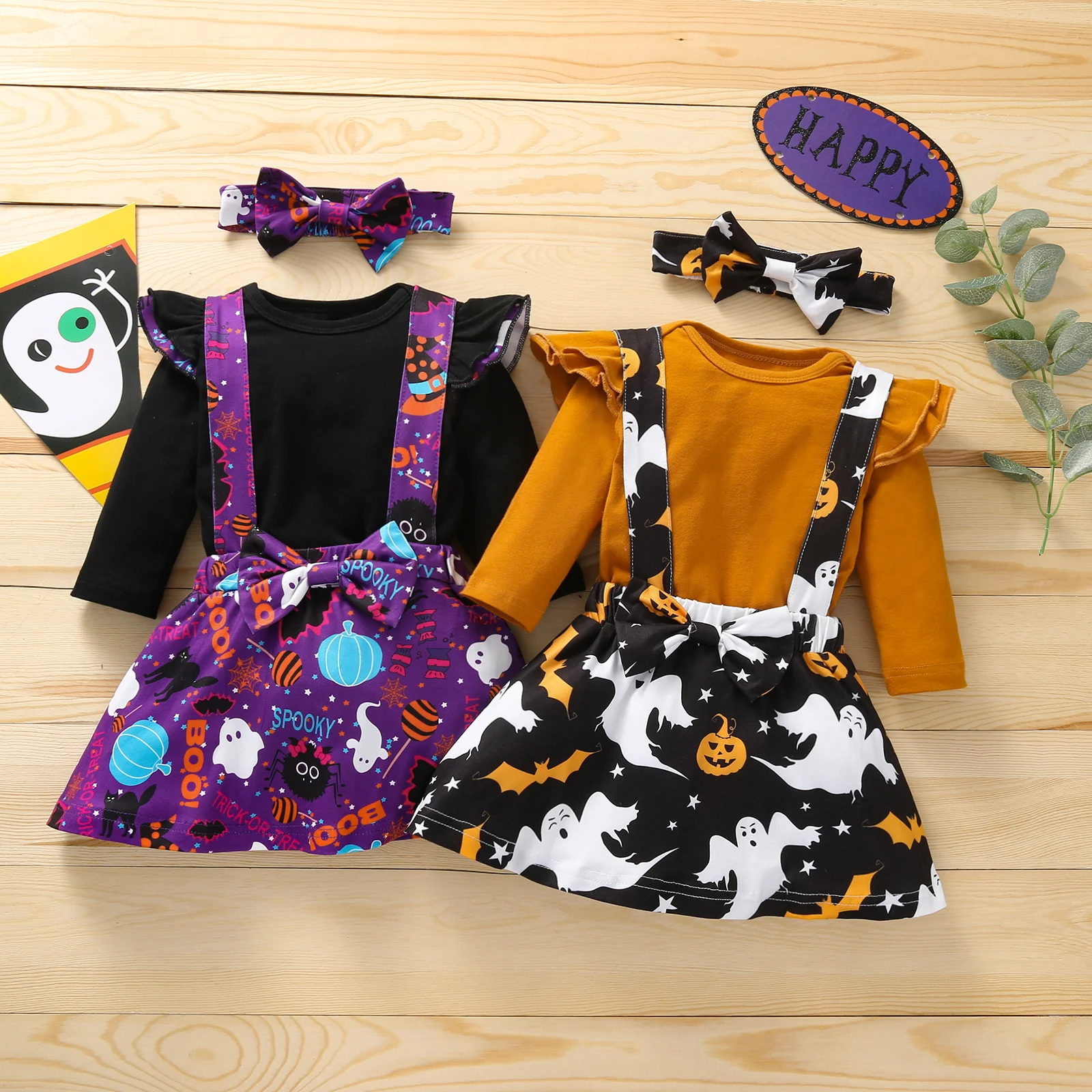 

OPPERIAYA 3Pcs Toddler Halloween Outfits Solid Color Long Sleeves Bodysuit Suspenders Skirt Hairband for Baby Girls 0-12 Months