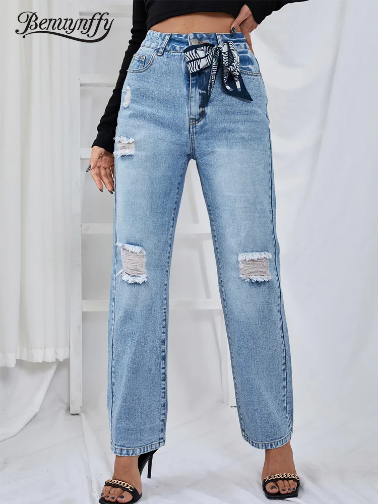 

Benuynffy Jeans Woman Streetwear Fashion Women Ripped Jeans High Waist Straight Denim Pants Casual Zipper Fly Bagge Mom Jeans