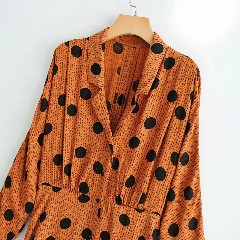 Женское оранжевое платье в горошек с высокой талией Повседневное миди длинным