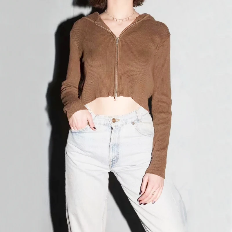 Для женщин в рубчик вязаный кардиган с капюшоном на молнии серебряной застежек