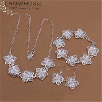 charmhouse silver 925 jewelry sets for women flower pendant necklace bracelet earring 3 pcs set wedding bridal jewelry accessory