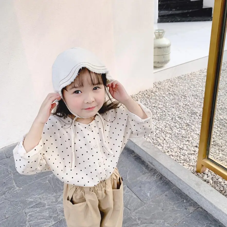 Хлопковая рубашка в горошек с длинными рукавами для маленьких девочек детские